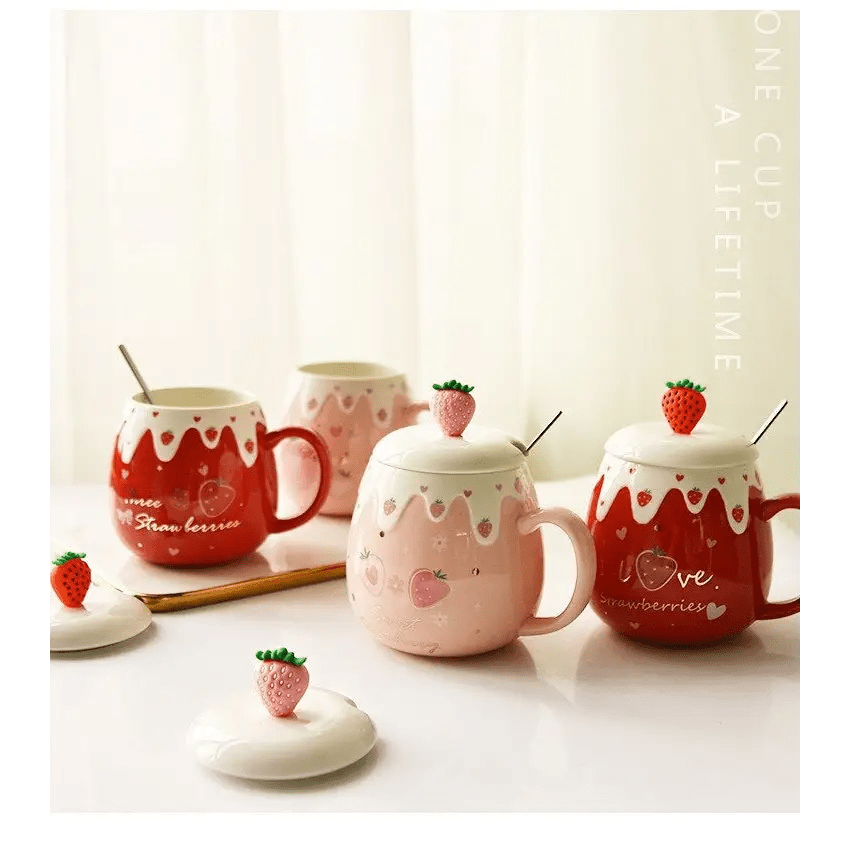 Strawberry Desert Mugs with Lid and Spoon for a Kawaii Morning - Cosparty