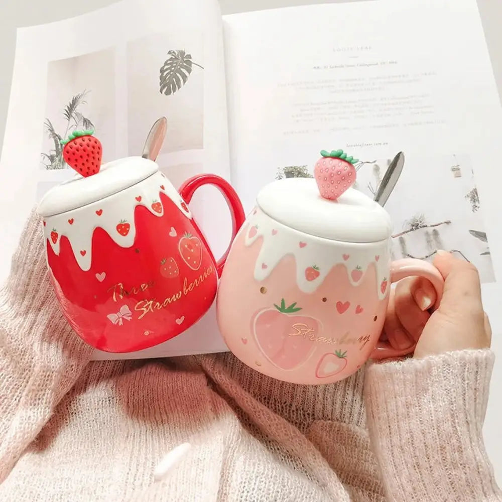 Strawberry Desert Mugs with Lid and Spoon for a Kawaii Morning - cup