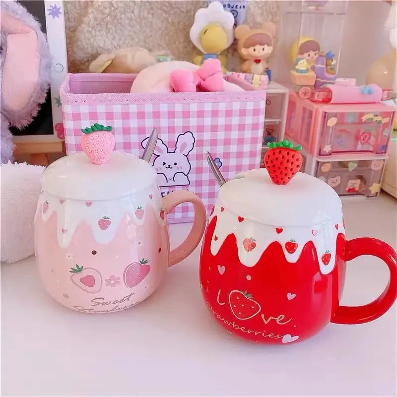 Strawberry Desert Mugs with Lid and Spoon for a Kawaii Morning - Cosparty