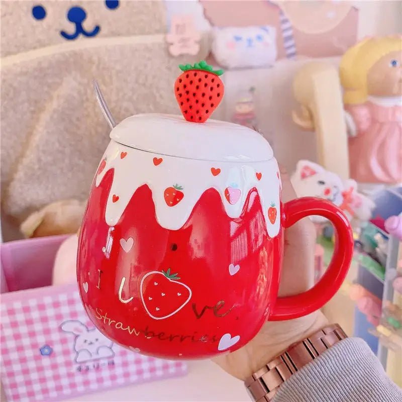 Strawberry Desert Mugs with Lid and Spoon for a Kawaii Morning - Cosparty