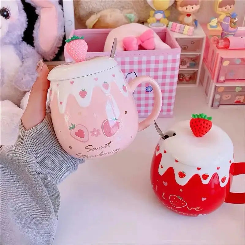 Strawberry Desert Mugs with Lid and Spoon for a Kawaii Morning - cup