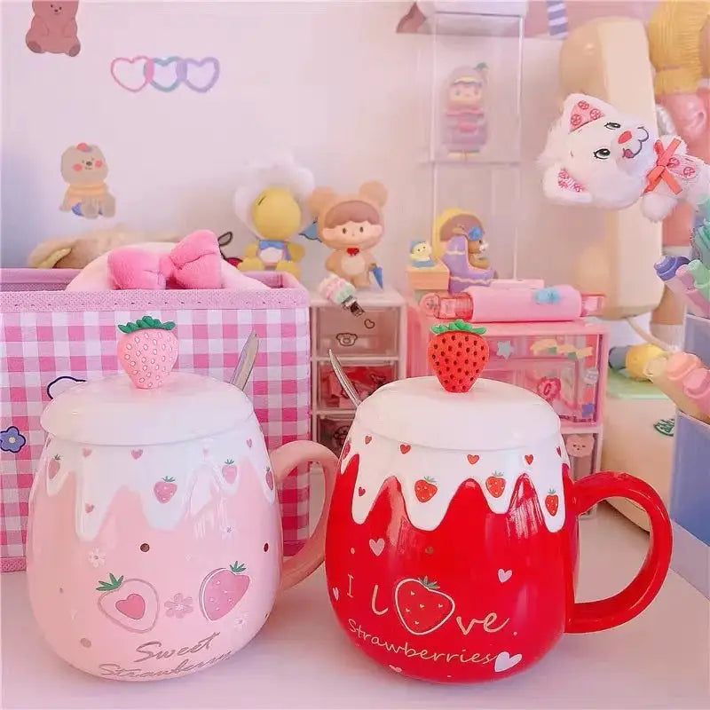 Strawberry Desert Mugs with Lid and Spoon for a Kawaii Morning - cup