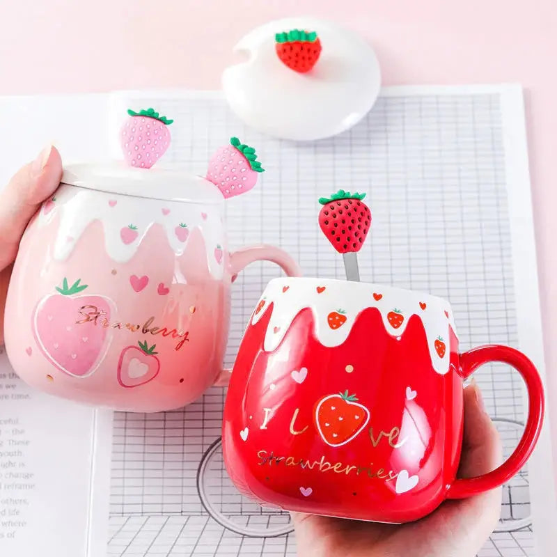 Strawberry Desert Mugs with Lid and Spoon for a Kawaii Morning - cup