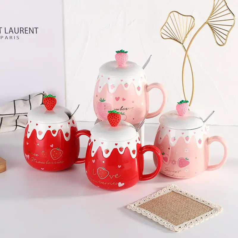 Strawberry Desert Mugs with Lid and Spoon for a Kawaii Morning - cup