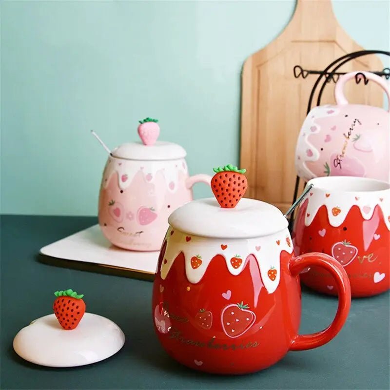 Strawberry Desert Mugs with Lid and Spoon for a Kawaii Morning - Cosparty