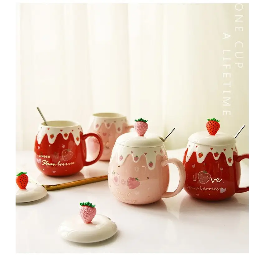 Strawberry Desert Mugs with Lid and Spoon for a Kawaii Morning - cup