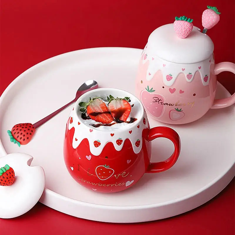 Strawberry Desert Mugs with Lid and Spoon for a Kawaii Morning - cup