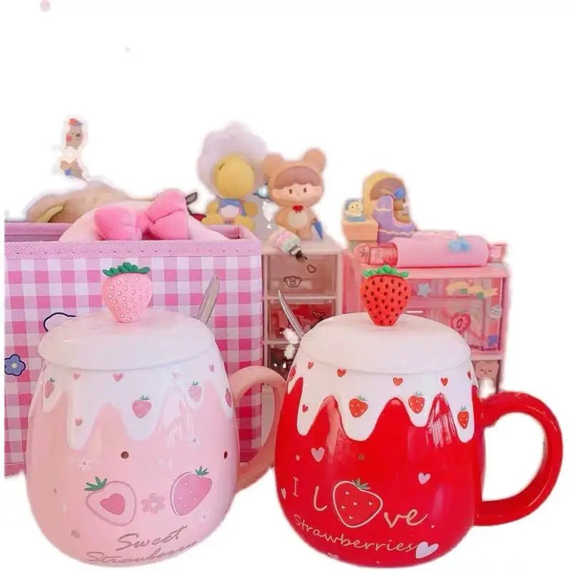 Strawberry Desert Mugs with Lid and Spoon for a Kawaii Morning - Cosparty