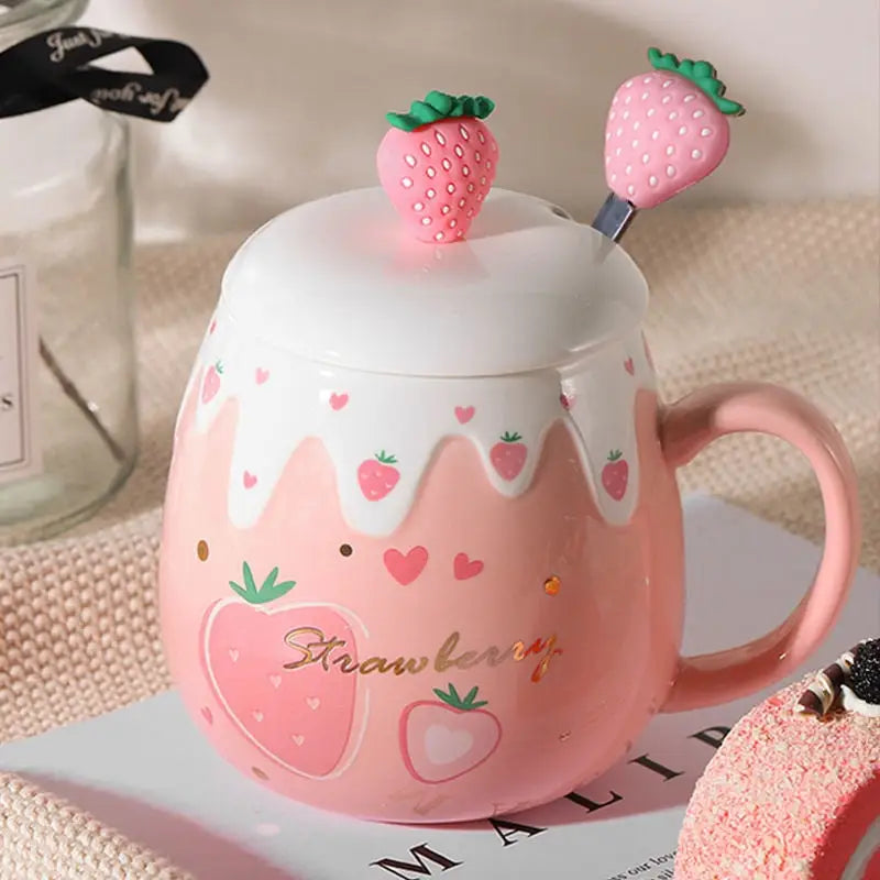 Strawberry Desert Mugs with Lid and Spoon for a Kawaii Morning - cup