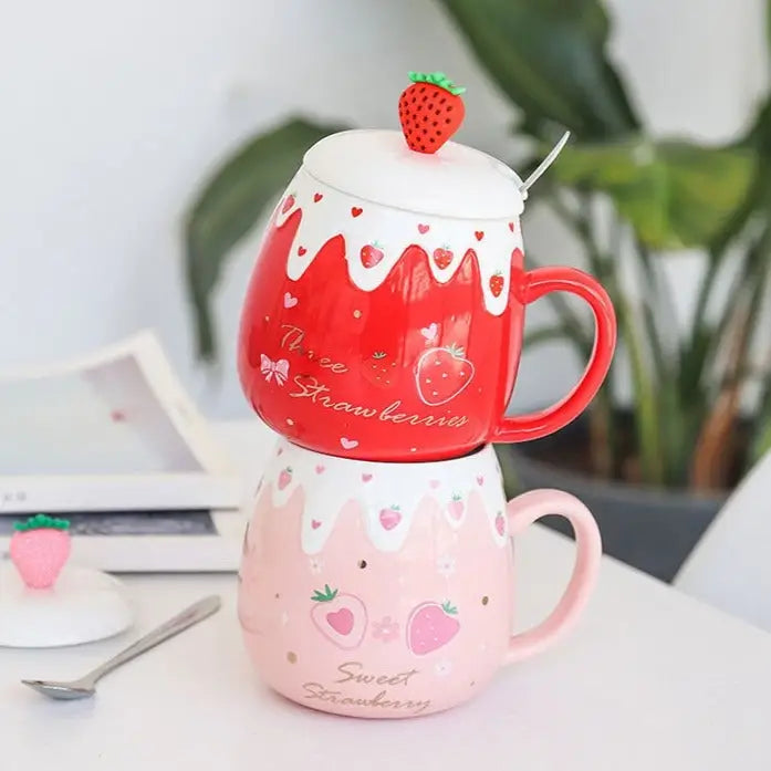 Strawberry Desert Mugs with Lid and Spoon for a Kawaii Morning - cup