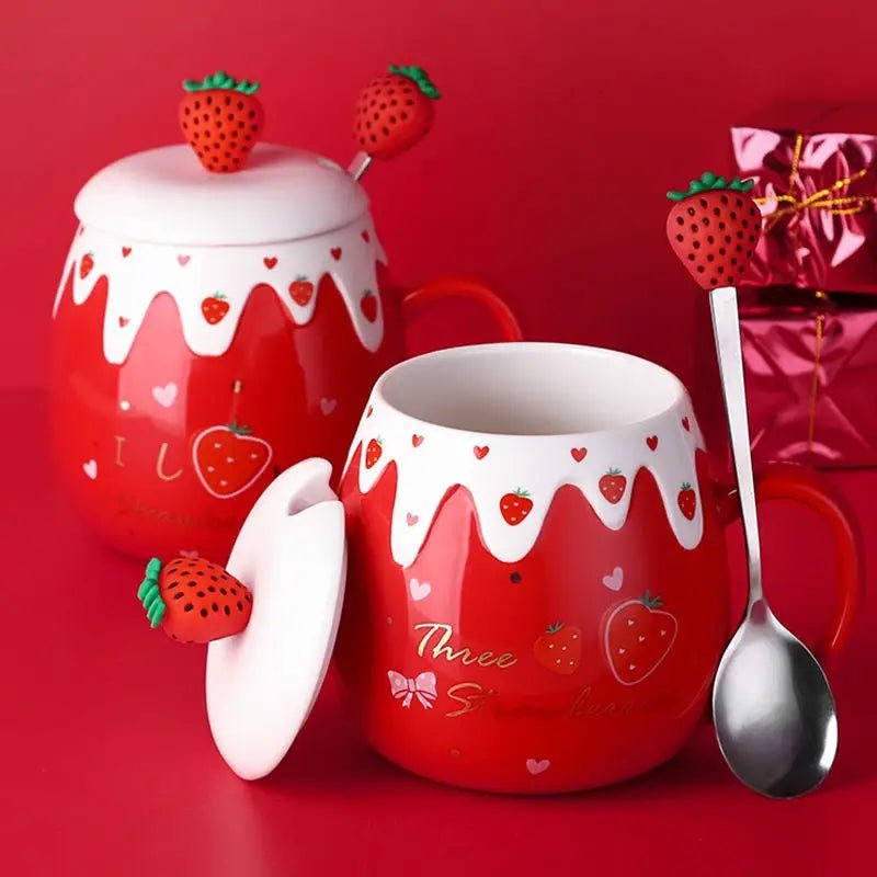 Strawberry Desert Mugs with Lid and Spoon for a Kawaii Morning - Cosparty