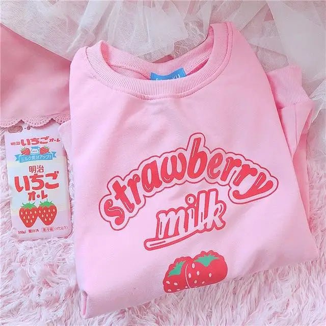 Strawberry Milk Inspired Long Sleeve Cozy Sweater - Cosparty