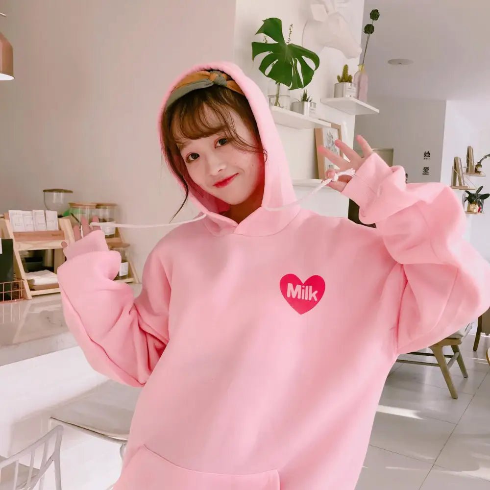 Strawberry Milk Kawaii Hoodie in Pastel Pink Inspired by Japanese Fashion - Cosparty