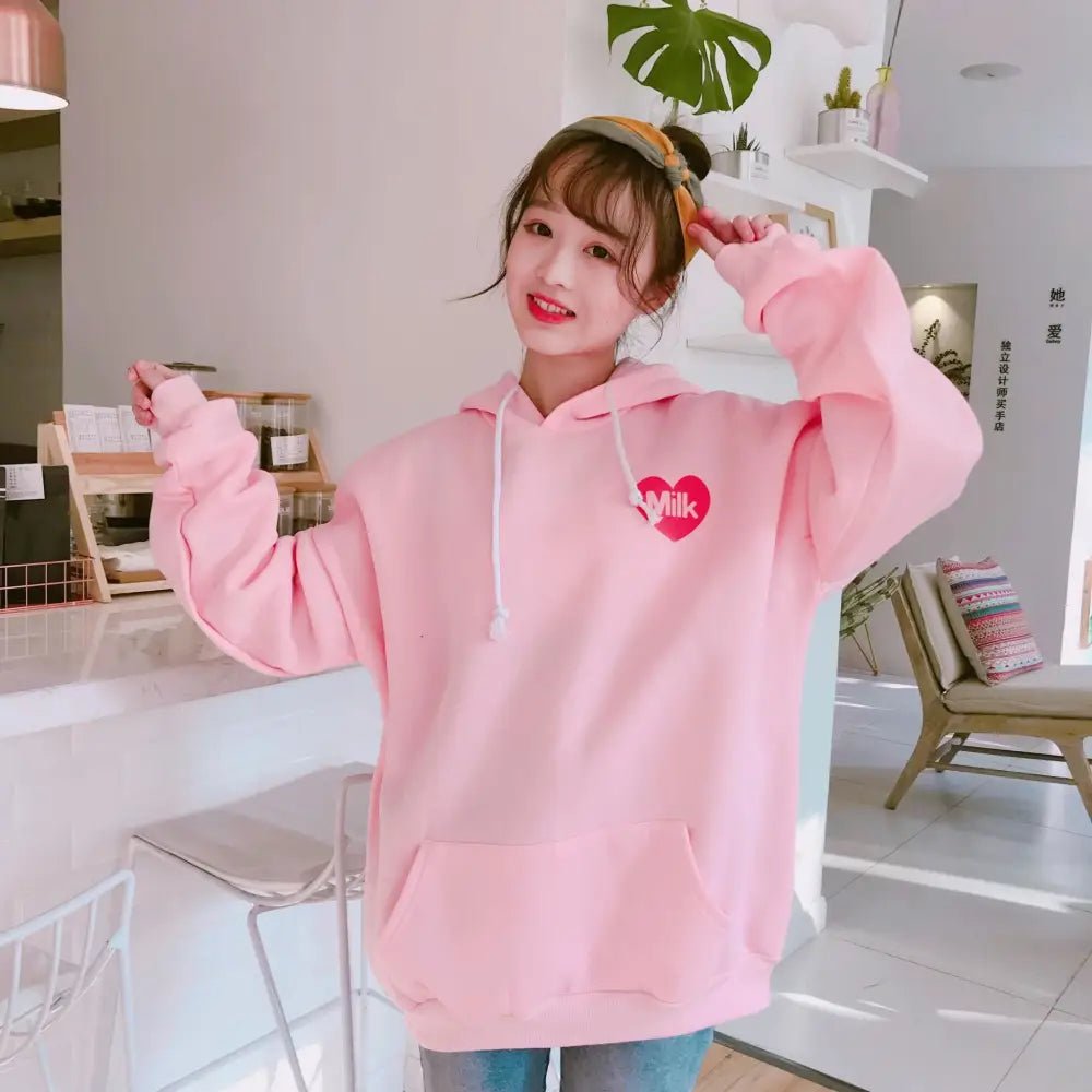 Strawberry Milk Kawaii Hoodie in Pastel Pink Inspired by Japanese Fashion - Cosparty
