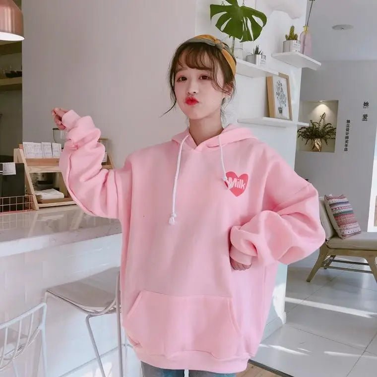 Strawberry Milk Kawaii Hoodie in Pastel Pink Inspired by Japanese Fashion - Cosparty