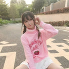 Strawberry Milk Knit Sweater with Hand Embroidery Details - turtleneck