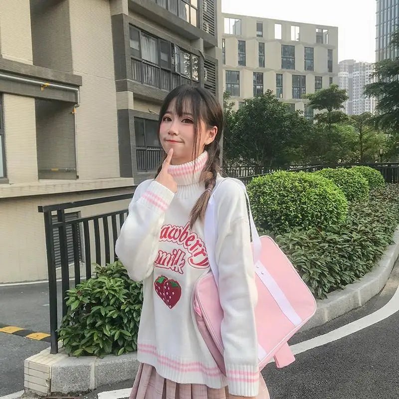 Strawberry Milk Knit Sweater with Hand Embroidery Details - Cosparty