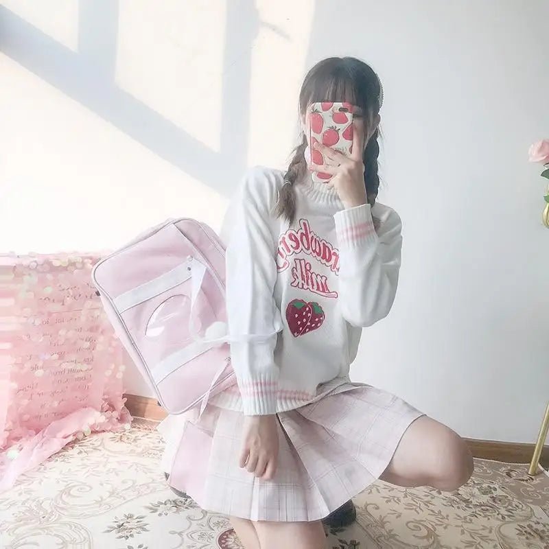 Strawberry Milk Knit Sweater with Hand Embroidery Details - Cosparty