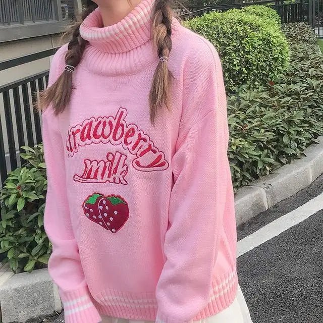 Strawberry Milk Knit Sweater with Hand Embroidery Details - Cosparty