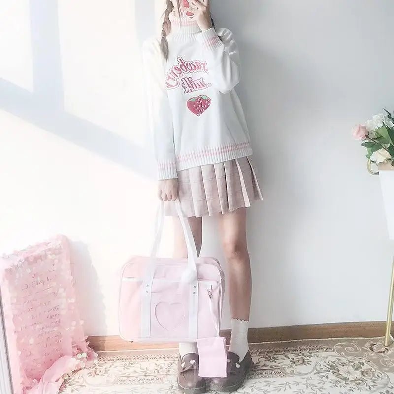 Strawberry Milk Knit Sweater with Hand Embroidery Details - Cosparty
