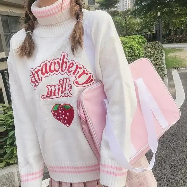 Strawberry Milk Knit Sweater with Hand Embroidery Details - Cosparty