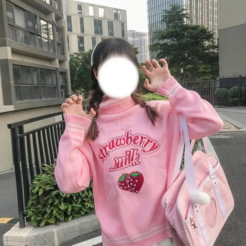 Strawberry Milk Knit Sweater with Hand Embroidery Details - turtleneck