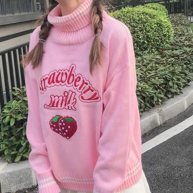 Strawberry Milk Knit Sweater with Hand Embroidery Details - Cosparty