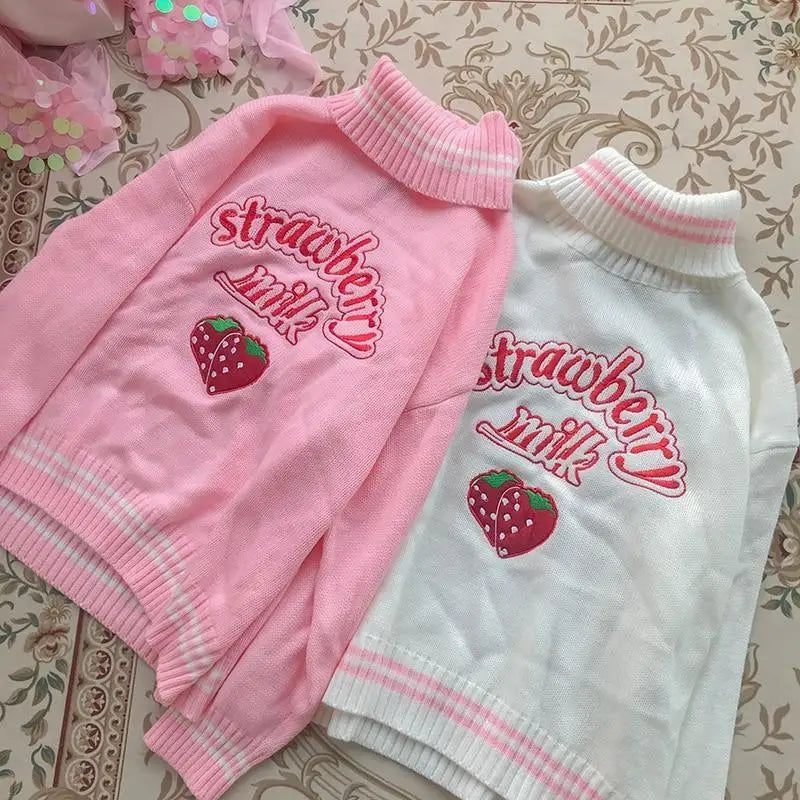 Strawberry Milk Knit Sweater with Hand Embroidery Details - turtleneck