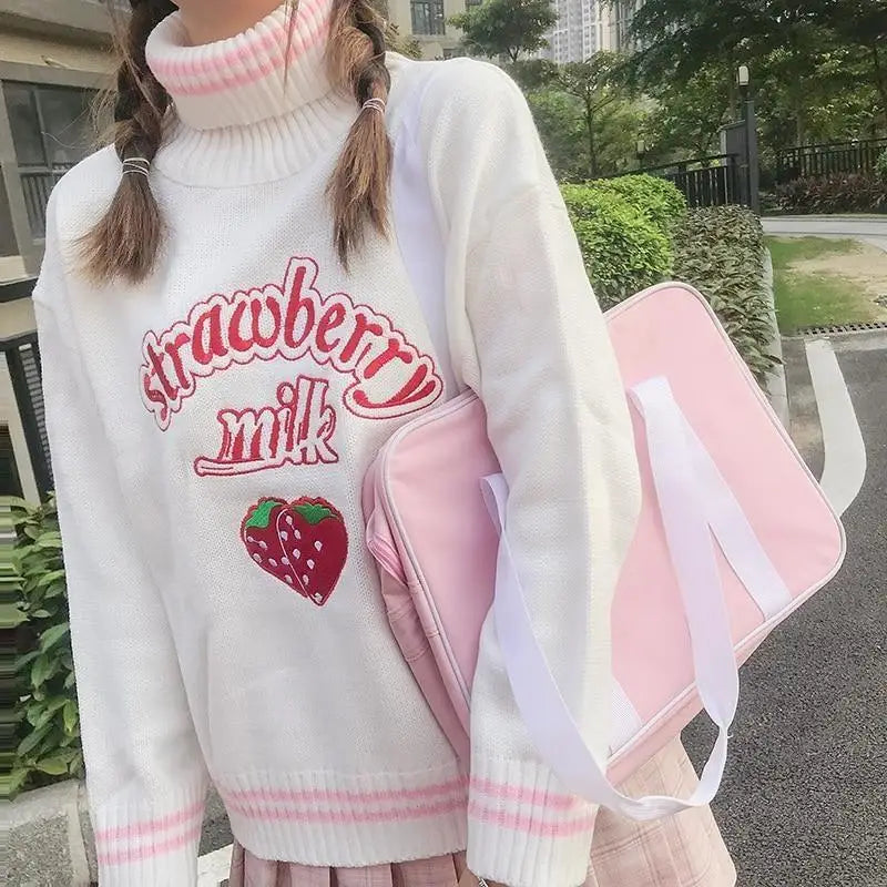 Strawberry Milk Knit Sweater with Hand Embroidery Details - turtleneck