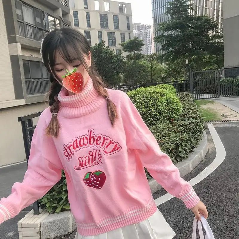 Strawberry Milk Knit Sweater with Hand Embroidery Details - Cosparty