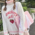 Strawberry Milk Knit Sweater with Hand Embroidery Details - turtleneck