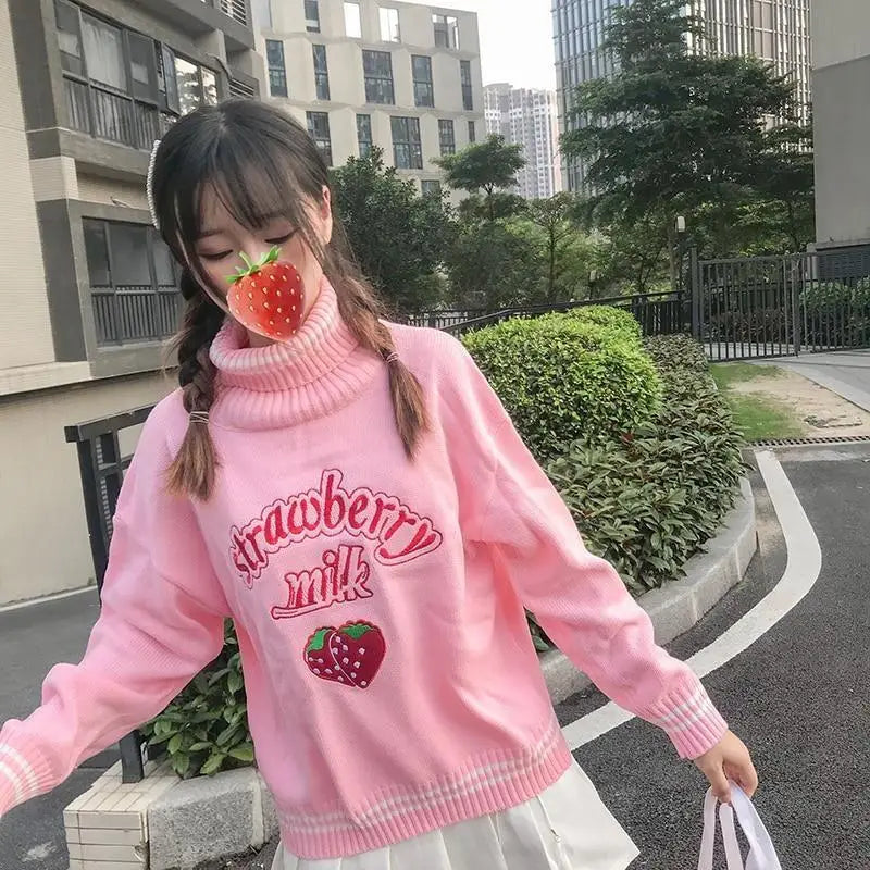 Strawberry Milk Knit Sweater with Hand Embroidery Details - turtleneck