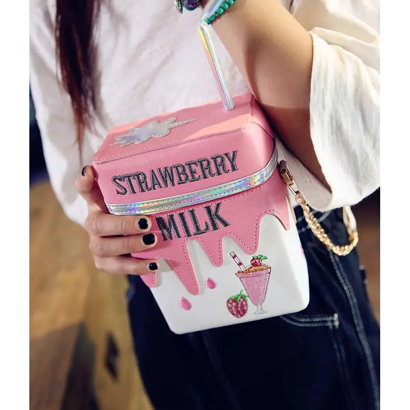 Strawberry Milk Purse with Gold Hardware and Hand Embroidery - Purse