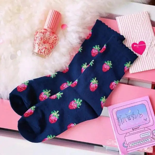 Strawberry Milk Socks Inspired by Harajuku Fashion - Dainty Navy Berry - Socks