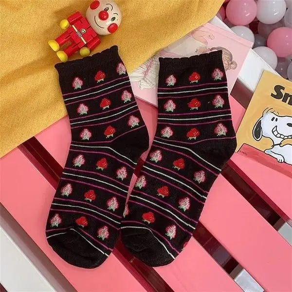 Strawberry Milk Socks Inspired by Harajuku Fashion - Striped Black Berry - Socks