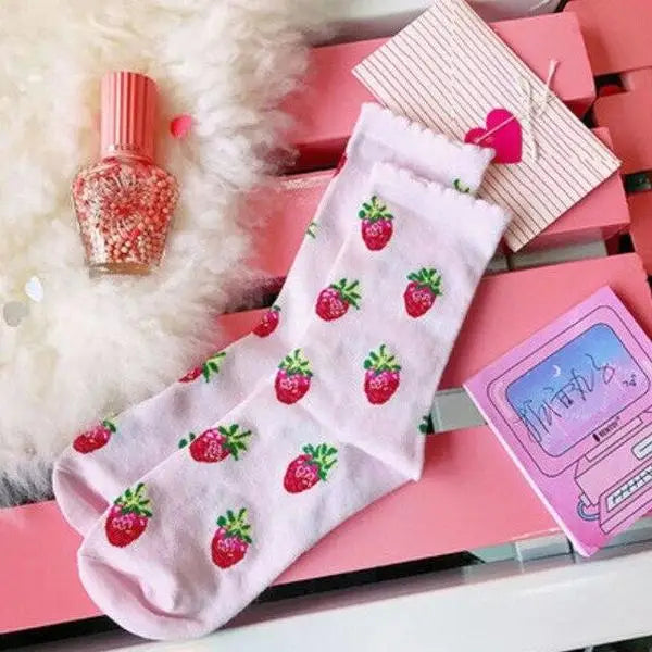 Strawberry Milk Socks Inspired by Harajuku Fashion - Dainty Pink Berry - Socks