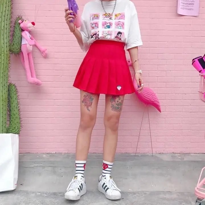 Strawberry Pleated School Girl Tennis Skirt Length 37cm Waist - Cosparty