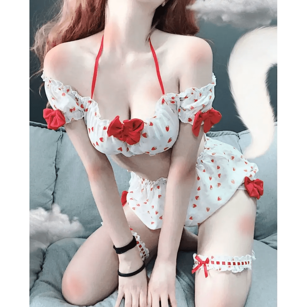 Strawberry Polkadot Farm Girl Lingerie Set - Cosparty