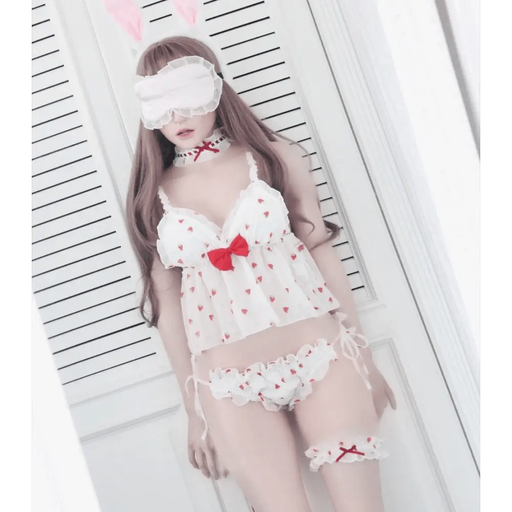 Strawberry Polkadot Lingerie Set with Ruffles and Garter Belts - Cosparty