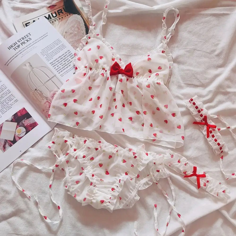 Strawberry Polkadot Lingerie Set with Ruffles and Garter Belts - Cosparty