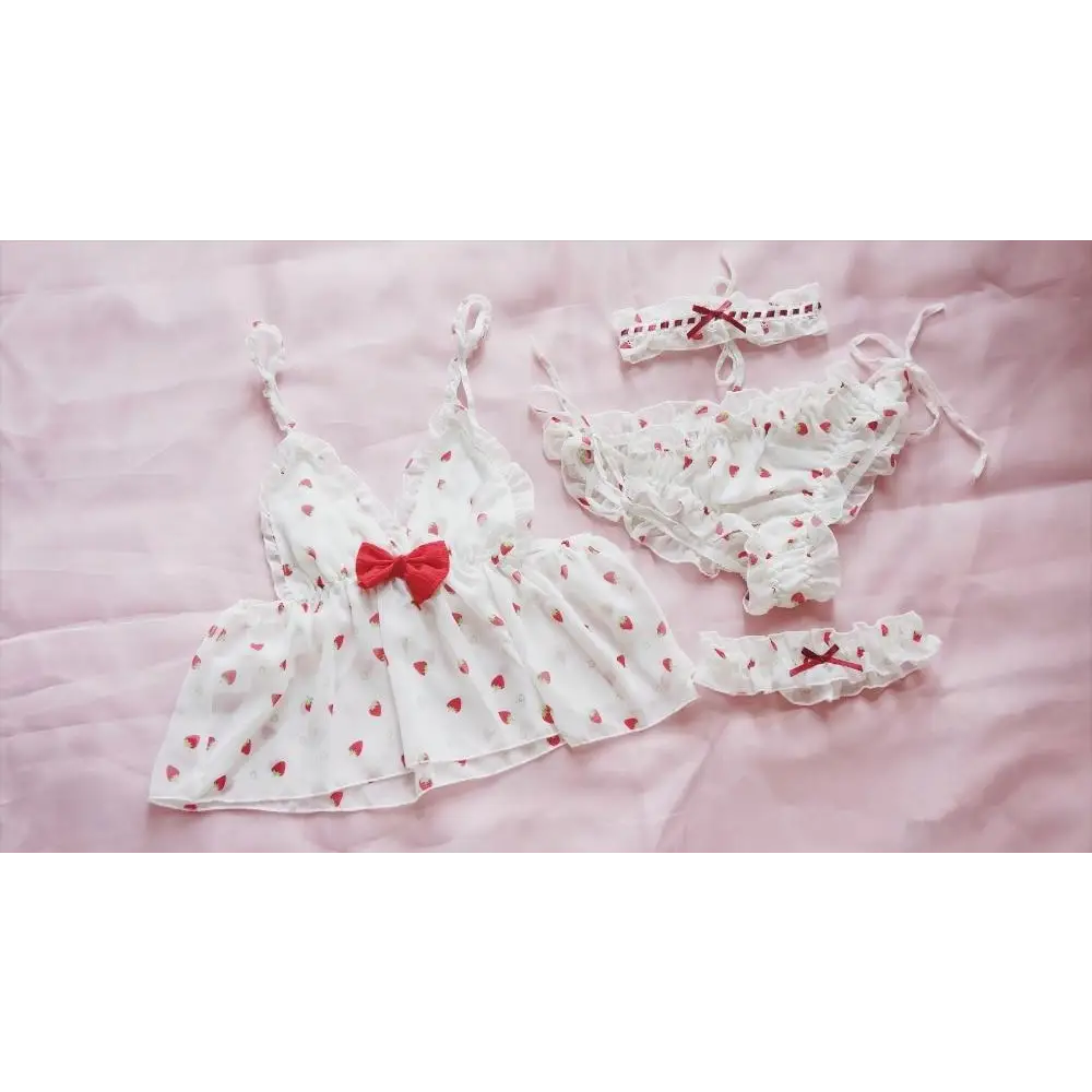 Strawberry Polkadot Lingerie Set with Ruffles and Garter Belts - lingerie