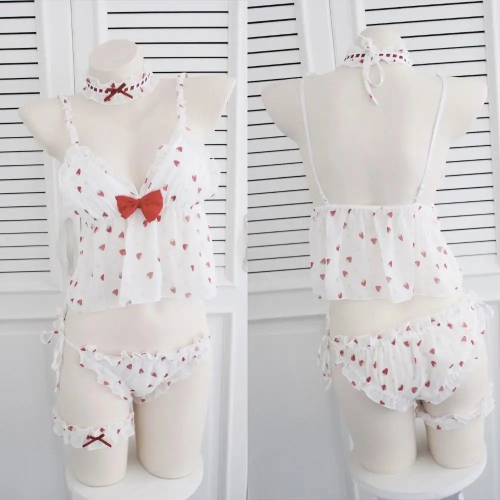 Strawberry Polkadot Lingerie Set with Ruffles and Garter Belts - lingerie