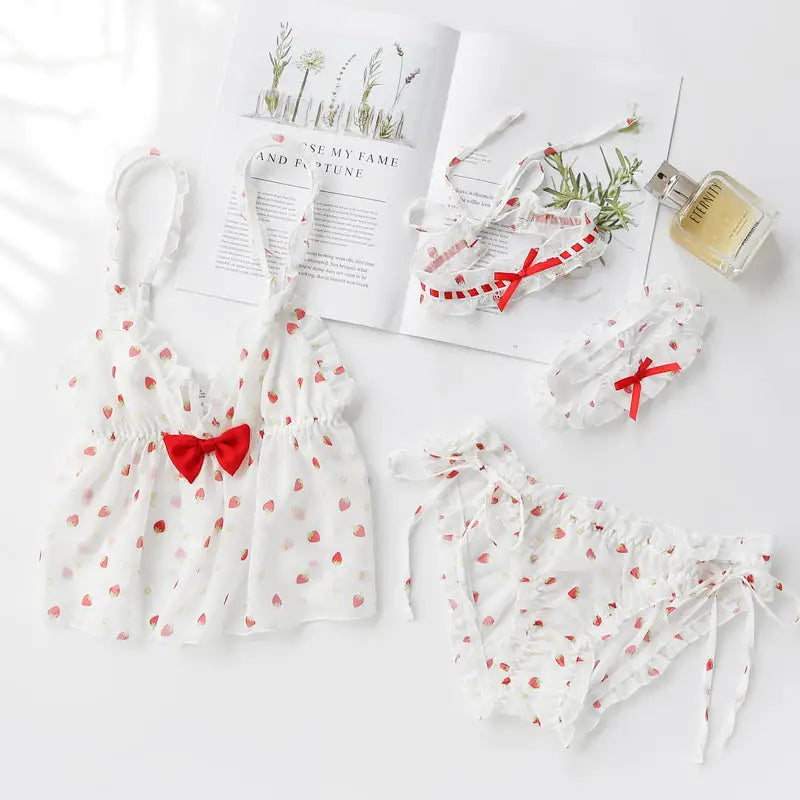 Strawberry Polkadot Lingerie Set with Ruffles and Garter Belts - lingerie