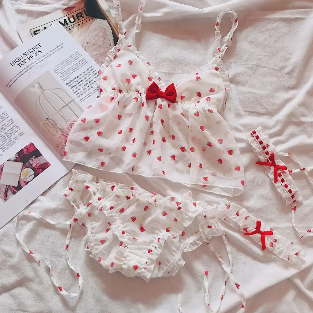 Strawberry Polkadot Lingerie Set with Ruffles and Garter Belts - lingerie