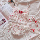 Strawberry Polkadot Lingerie Set with Ruffles and Garter Belts - lingerie