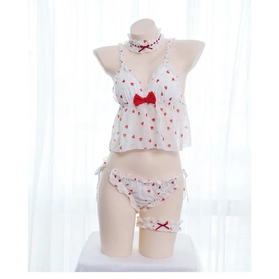 Strawberry Polkadot Lingerie Set with Ruffles and Garter Belts - lingerie