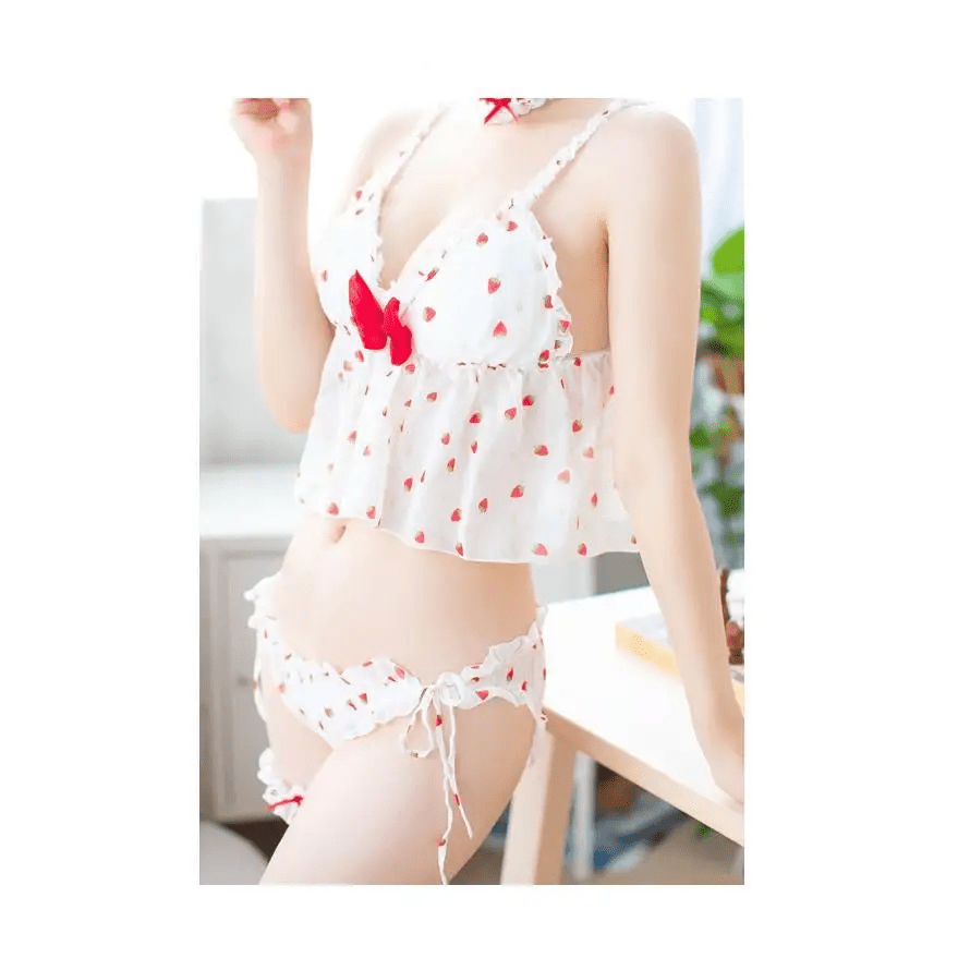 Strawberry Polkadot Lingerie Set with Ruffles and Garter Belts - Cosparty