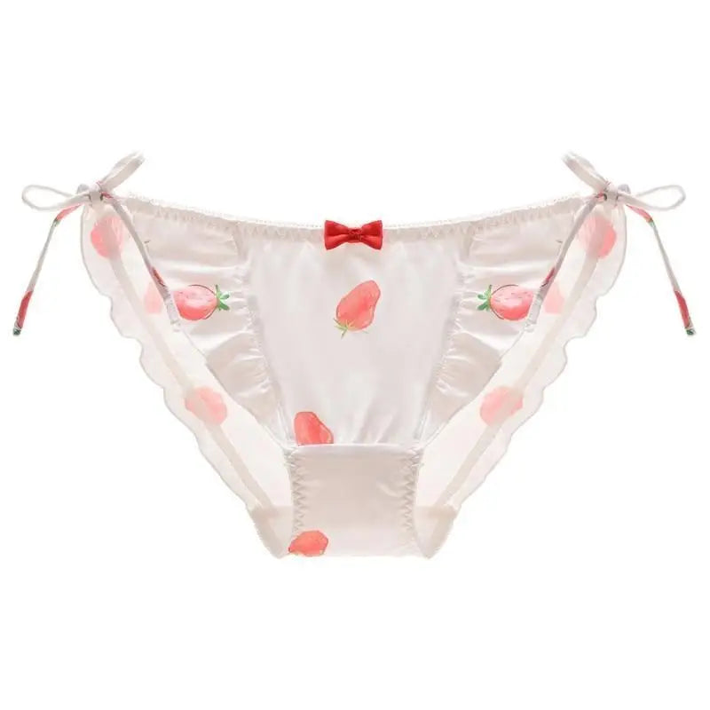 Strawberry Print Lace Trim Underwear with Bow Design - underwear