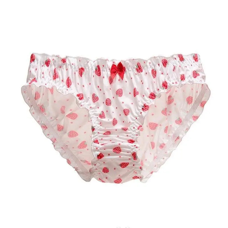 Strawberry Print Lace Trim Underwear with Bow Design - underwear