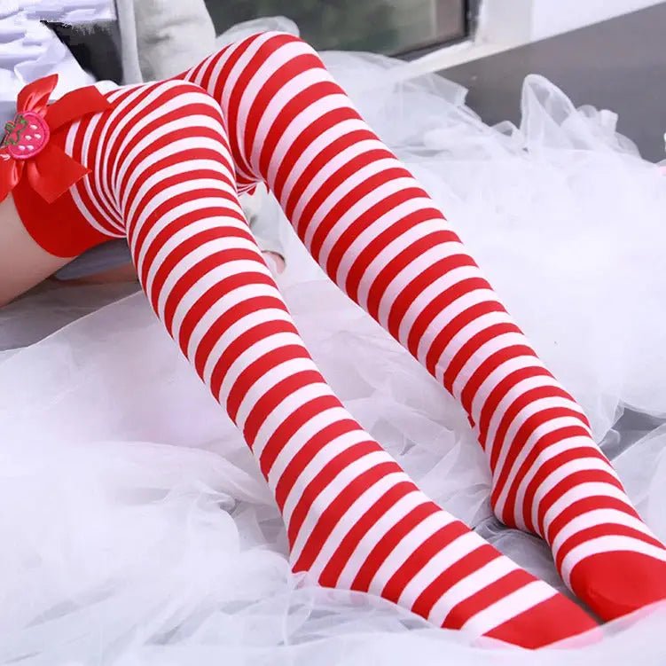 Strawberry Striped Over - the - Knee Stockings in Multiple Colors - Cosparty